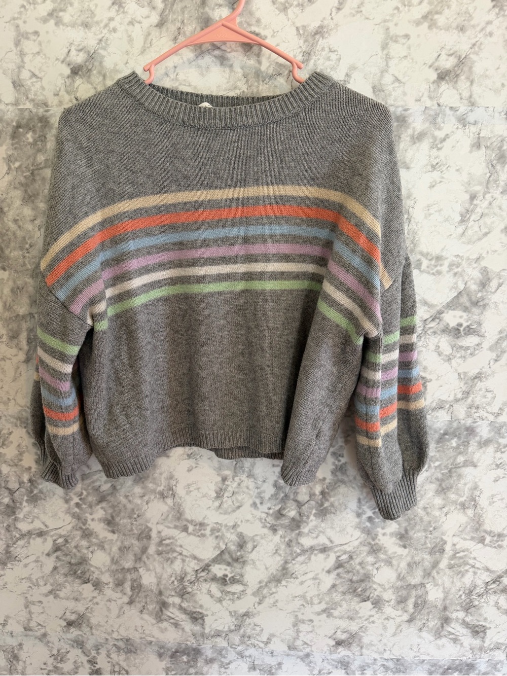 Gray Crewneck Sweater with Pastel Stripes
